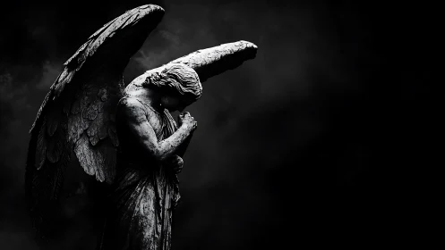 Stone angel folds into darkness and quietly cradles sorrow