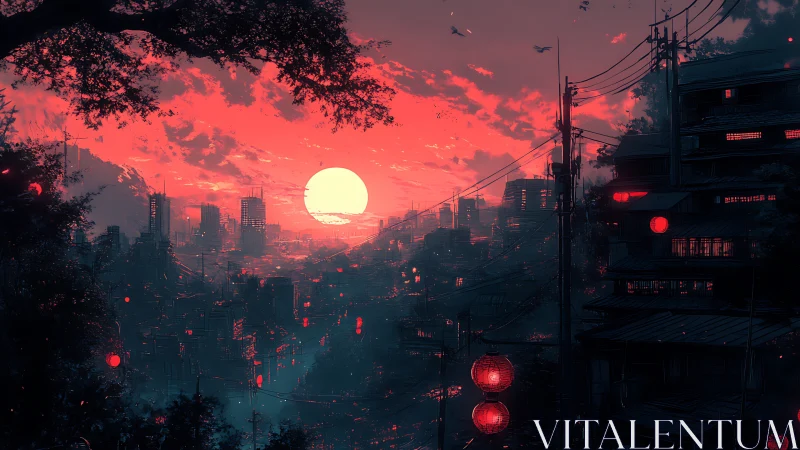 Crimson cyberpunk city sunset over neon hillside district.