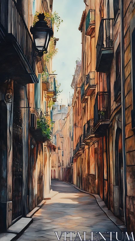 Sunlit European alleyway glows with warm nostalgic charm
