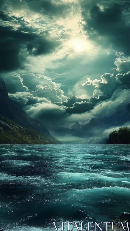 Stormlit fjord waters mirror dramatic teal skies in motion.