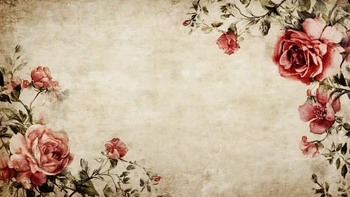 Vintage floral background with red roses and aged paper.