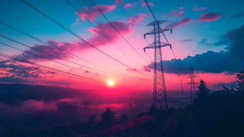 Sunset power lines over misty valley in neon twilight.