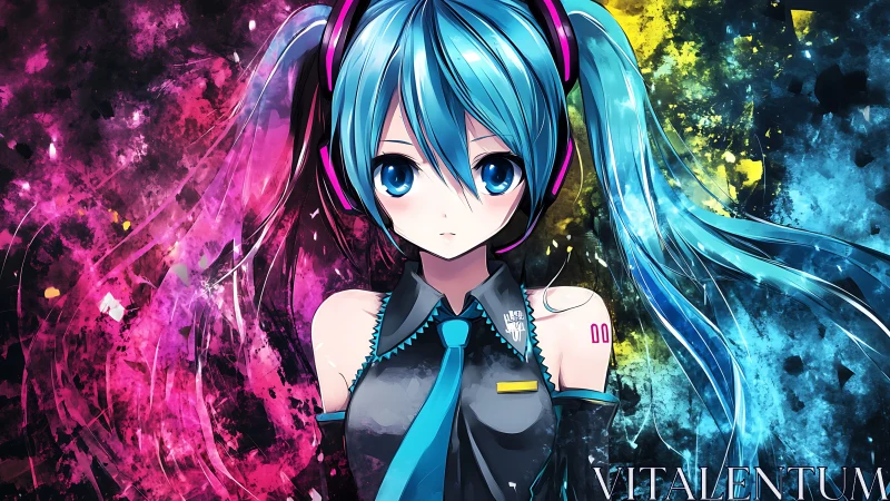 Blue haired anime girl with vibrant splatter background.