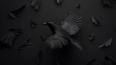 Midnight raven in graceful flight amid drifting feathers.