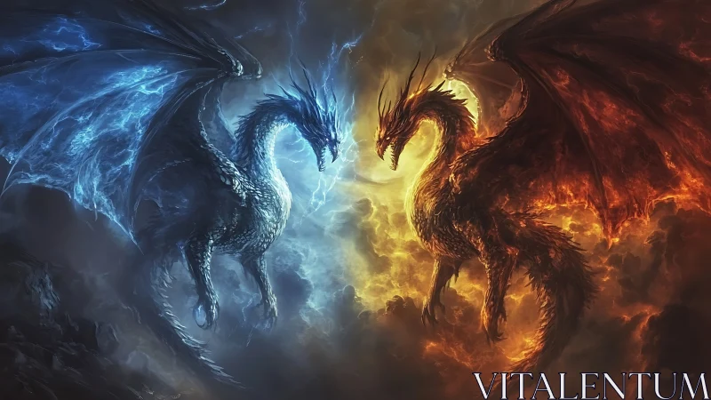 Elemental twin dragons clash amid volumetric storm clouds, backlit