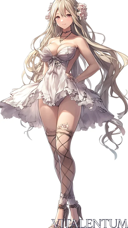 Elegant anime girl in ruffled white dress and lace stockings.