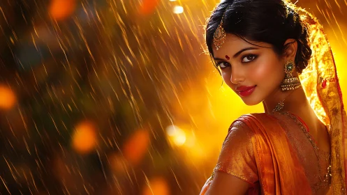 Golden monsoon muse in sari, shimmering through rainlight.