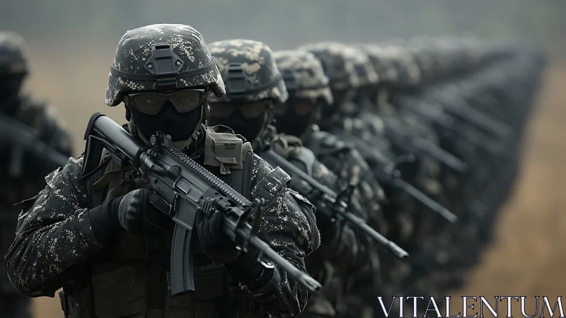 Armed soldiers stand in aligned formation holding rifles