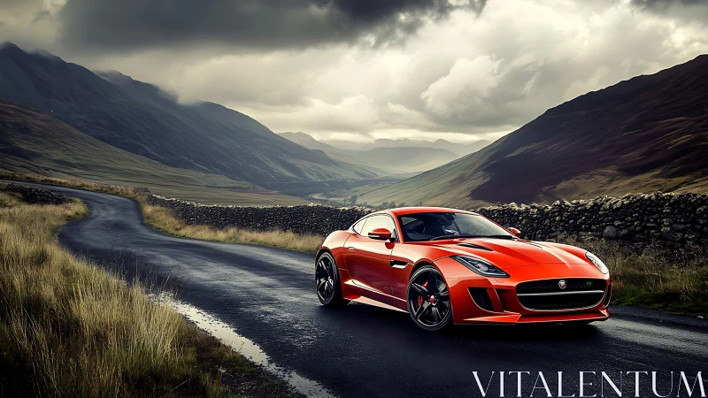 Sleek orange sports car cruising a dramatic valley road.