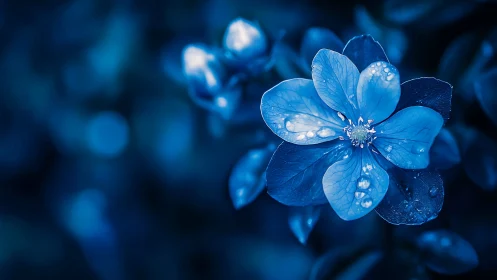Delicate blue flowers with dew drops glistening in darkness