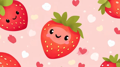 Kawaii strawberry cluster with stylized facial micro-expressions.