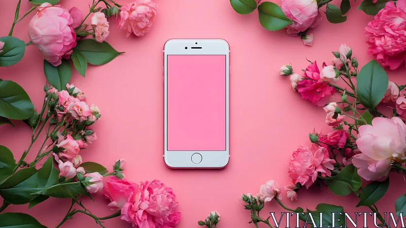 Blooming Mobile Joy Surrounded by Fresh Pink Flowers.