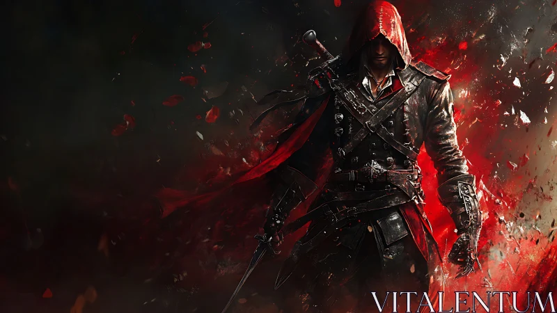 Hooded rogue strides through crimson shards and smoke