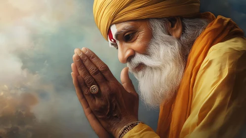 Elderly man in yellow turban holds hands in prayerful pose