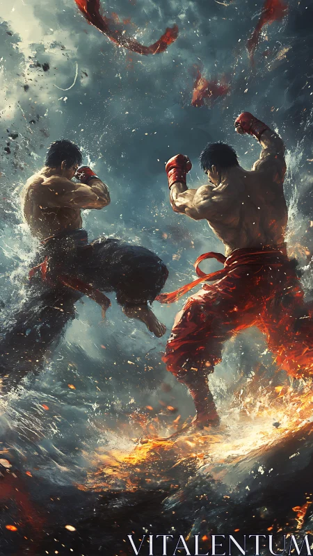 Storm-forged fighters trade blazing kicks in a sky of sparks