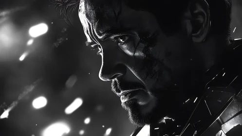 Battle-scarred hero in burning monochrome resolve portrait.