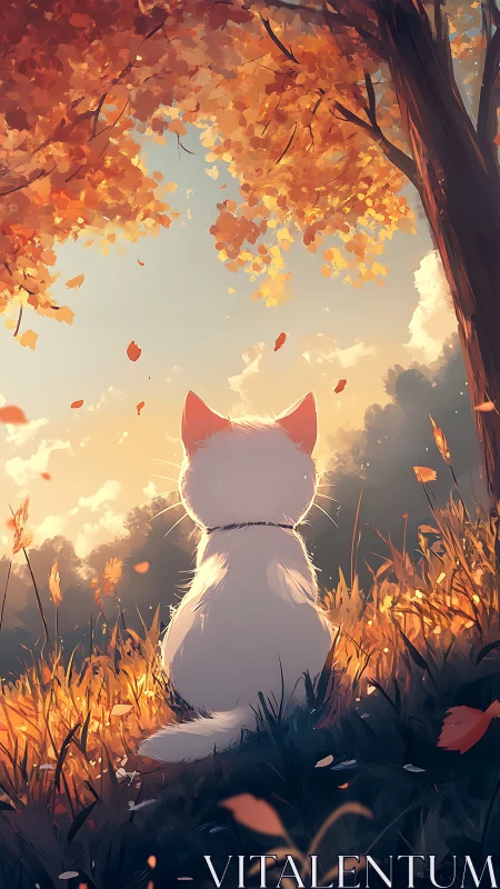 White cat contemplates a glowing autumn sunset in silence.