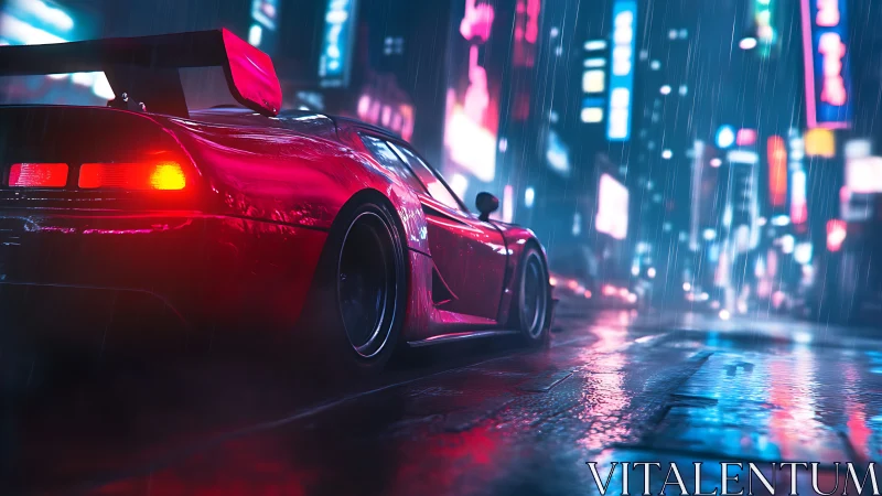 Crimson street racer hums through neon rain-slicked midnight.