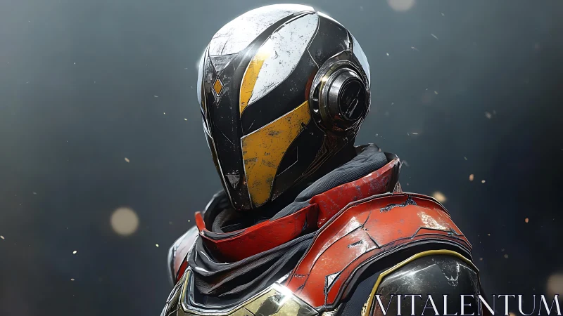 Quiet guardian in battleworn sci‑fi armor gazes ahead.