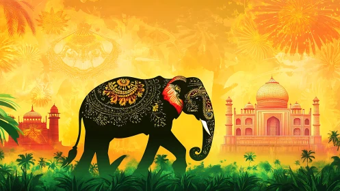 Decorated elephant with Indian landmarks in warm sunset.