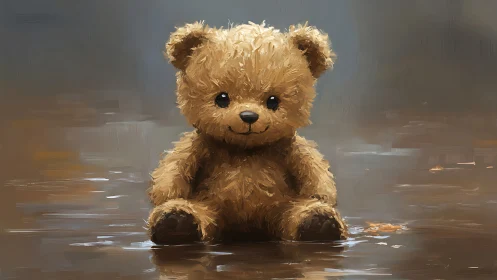 Soft teddy bear resting in reflective rain puddles.