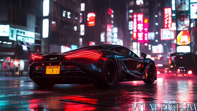 Supercar in neon lit rainy city street at night scene.