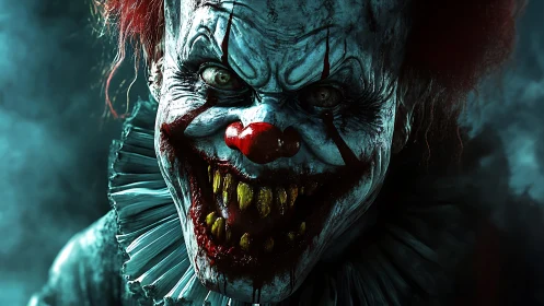 Grotesque horror clown portrait with decayed teeth and ruff