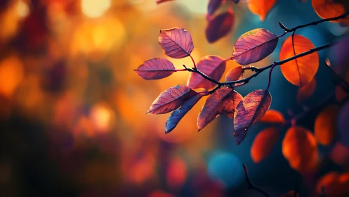 Glowing autumn leaves drift gently in soft evening light