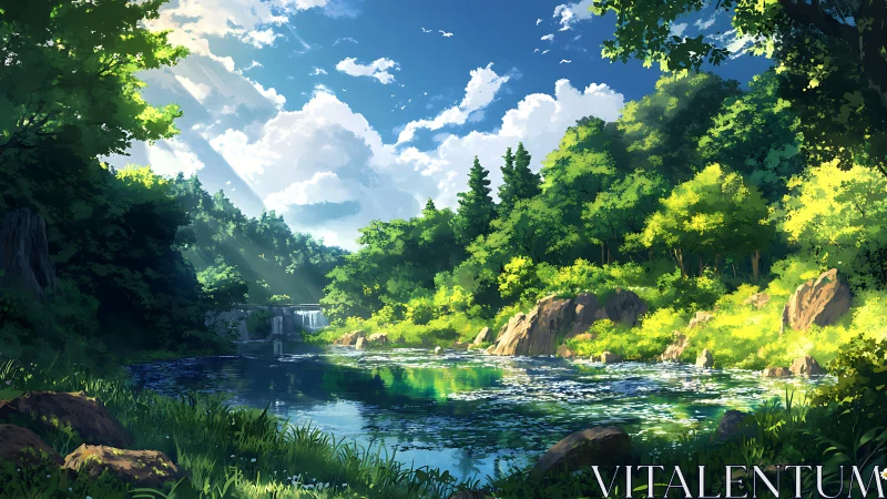 Sunlit forest river dreaming beneath watercolor skies.