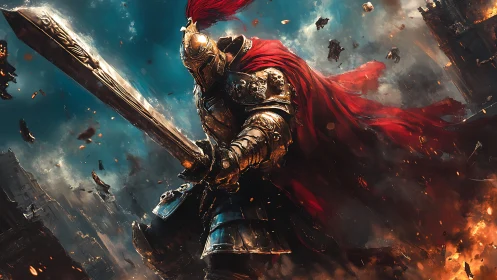 Armored warrior holds oversized sword in burning urban ruin