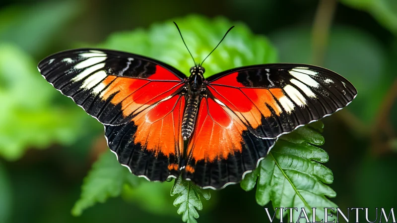 Macro study of red-black butterfly on lush green foliage.