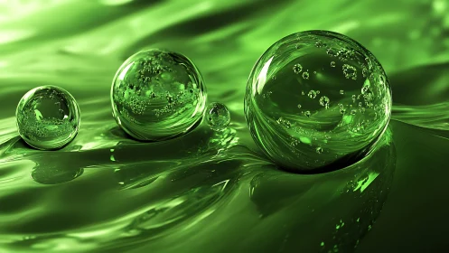 Emerald glass spheres drift over liquid wave surface.