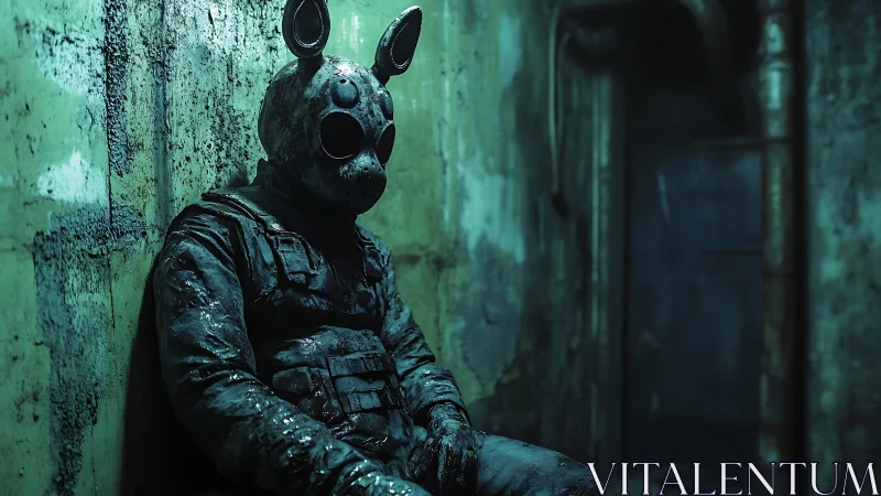 Cyberpunk rodent-mask sentinel in corroded urban corridor.