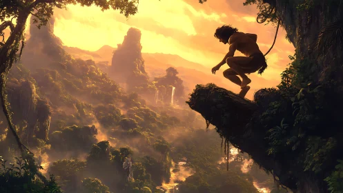 Sunlit jungle precipice with heroic silhouette in digital painting.