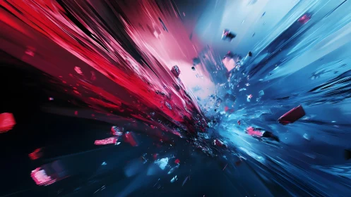 Abstract collision of red and blue shards in dynamic digital art.
