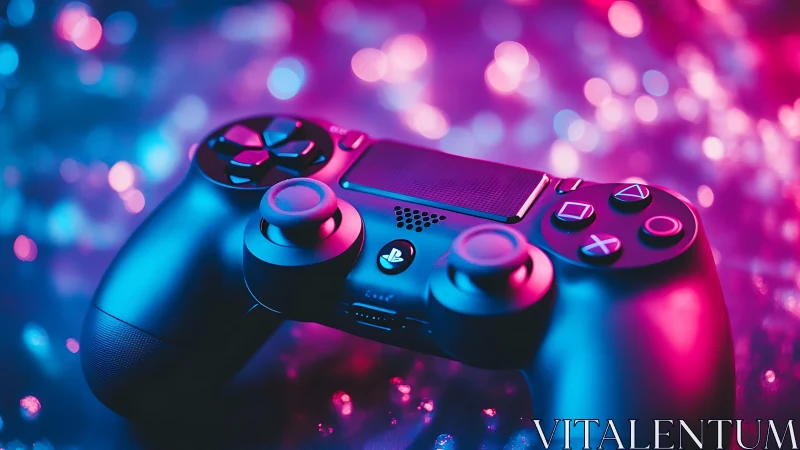 Game controller rests under neon pink and blue bokeh light