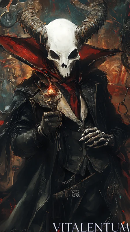Horned skull warlock in tattered coat holding ember.