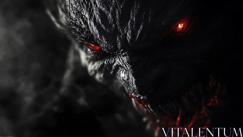 Midnight demon sneers through smoke with ember-red eyes bared