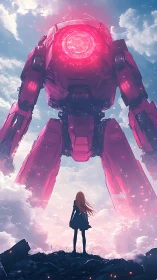 Girl confronts colossal pink mech above glowing clouds