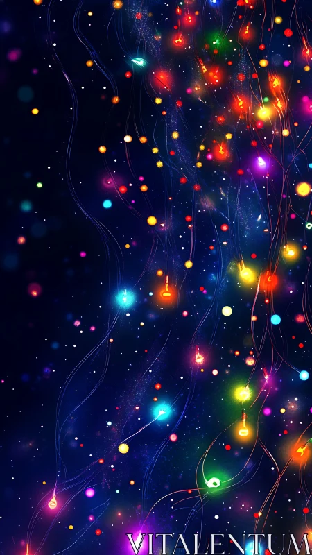 Colorful luminous particles drift across deep blue space