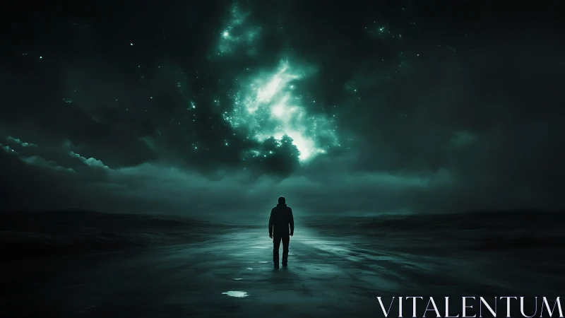 Solitary figure under luminous teal night sky portal.