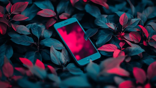 Neon Smartphone Amidst Crimson Foliage Composition.