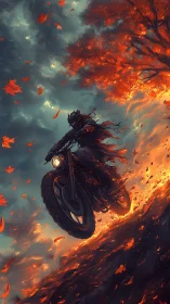 Armored motorcyclist rides through fiery autumn storm.