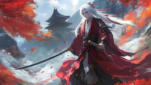 Samurai warrior in crimson kimono dominates autumn ravine