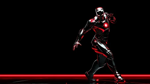 Neon armored sentinel racing along a razor-red horizon line.