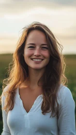 Sunlit smile in windswept meadow at golden hour glow.