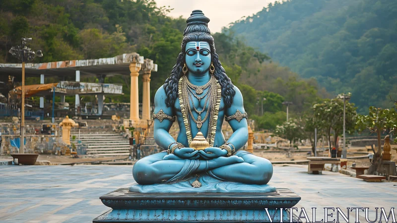 Large blue Shiva statue seated in open hilltop temple courtyard.