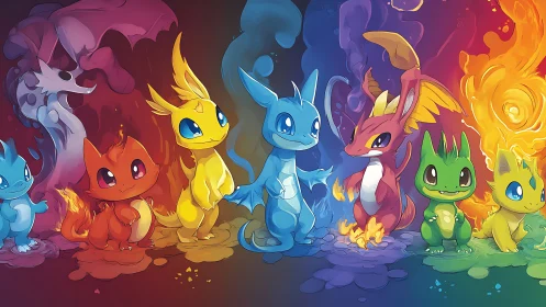Elemental creature lineup in vibrant chromatic digital painting.