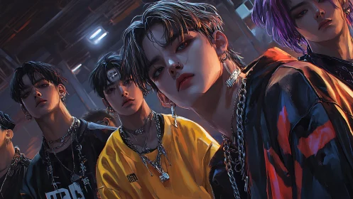 Neon-lit street collective in dynamic low-angle portrait study.