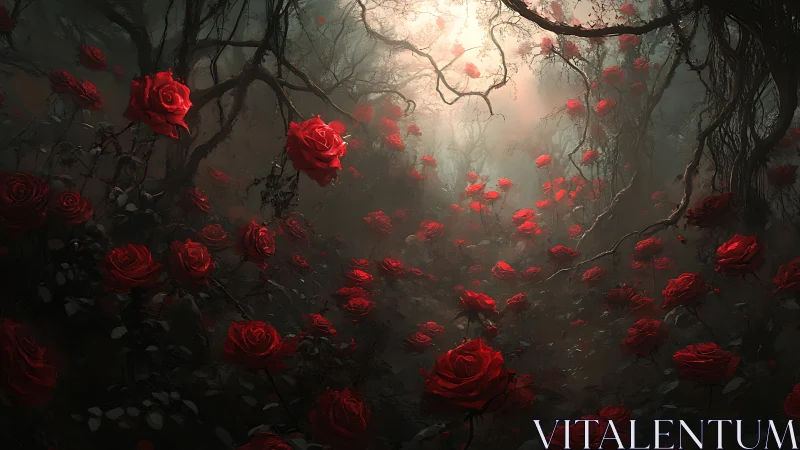 Dark forest clearing filled with glowing red roses at dawn.